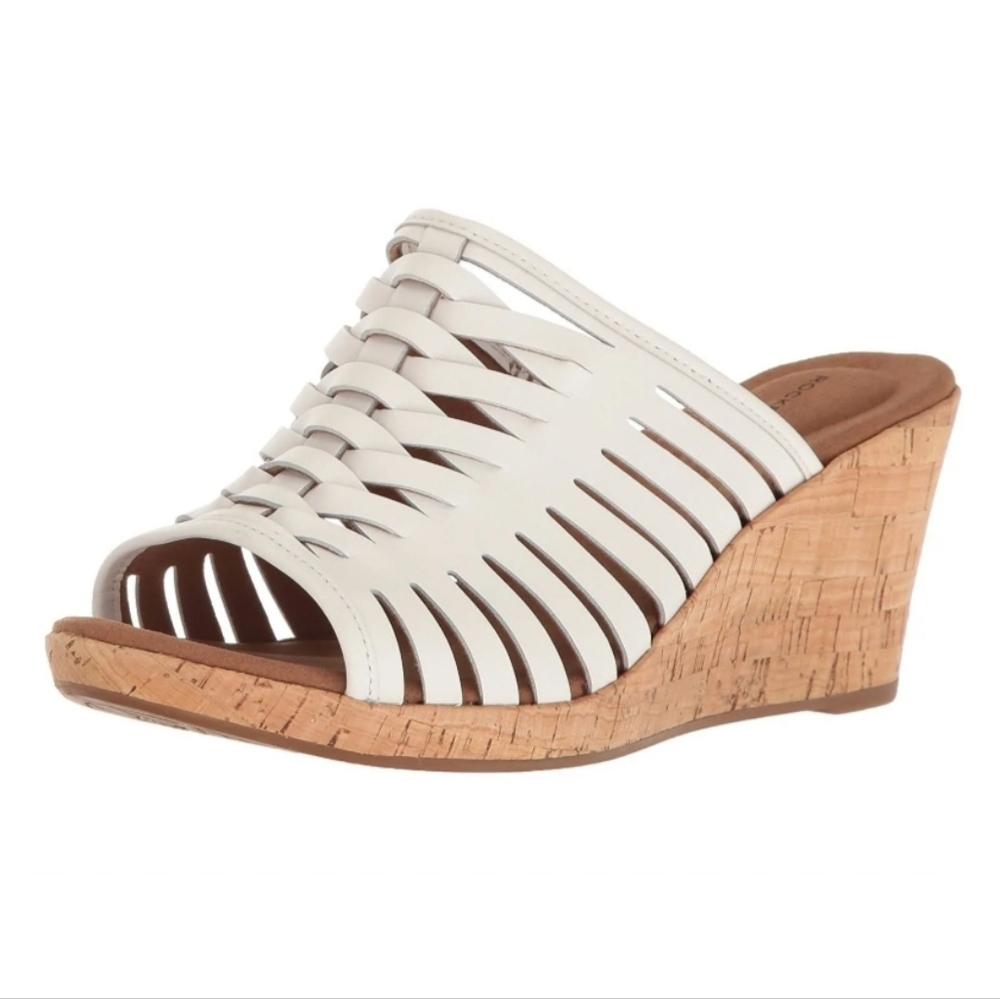 Rockport Briah Fisherman Leather Cork Wedge Sandals, White/Cream, Sz 7.5